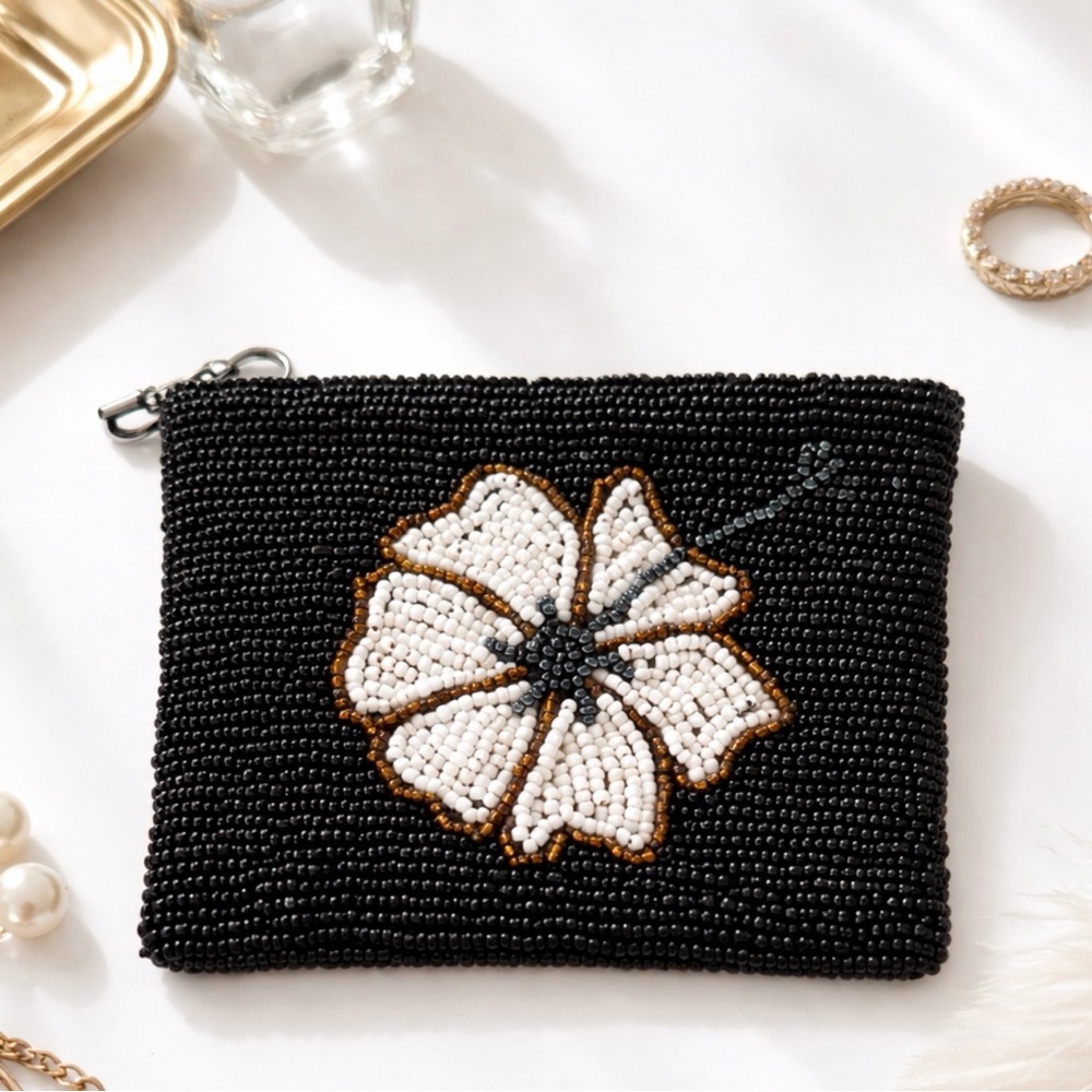 Beaded Floral Coin Purse / Mini Pouch Black White Flower Zip Boho